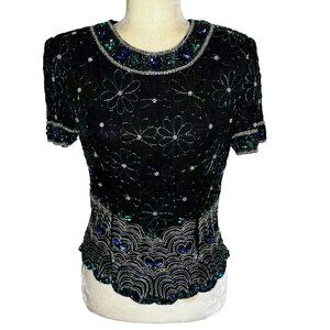 Laurence Kazar Black Beaded Silk Top Womens Small Vintage Sequin Party Blouse